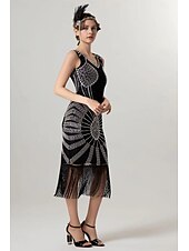 abordables Robes-Rétro Vintage Années Folles Années 1920 Midi Robe Charleston Robe de cocktail Gatsby le Magnifique Fille Flapper Paillettes Frange Col en V Femmes Noël Halloween Carnaval Mariage Soirée Mascarade