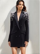 levne černý-Dvouřadé sako na míru s křišťály, pouzdrové / sloupkové šaty ve smokingu, večerní šaty ve stylu couture, elegantní šaty pro formální večírek, krátké / mini šaty s dlouhým rukávem, saténové šaty s