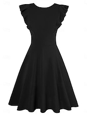 abordables Robe noire-Femmes Robe Longueur Genou Robe à Volants Robe ajustée et évasée Élégant ancien Coupe régulière Uni Manche Courte Col ras du cou Noir Été Automne