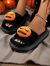 olcso Nőknek-női fehér, bolyhos halloweeni tökcipő – puha beltéri cipő vicces rajzfilmfigurás dizájnnal őszi és ünnepi otthoni viseletre