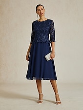 abordables Vestido Sencillo-Mujer Vestido Midi Vestido de raso Elegante Fiesta Cumpleaños Ajuste regular Color sólido Manga 3/4 Cuello Barco Azul Marino Verano Primavera Otoño