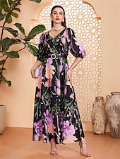 economico Lunghezza del pavimento-Linea ad A Abito da cerimonia per signora Elegante Scollo a V Lunghezza al pavimento Chiffon Mezza Manica con Fascia / Nastro Pieghe Fiore 2025