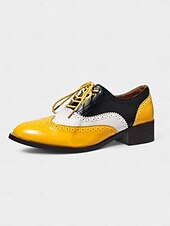 abordables Années 1950-Richelieus Oxford en cuir verni jaune pour femme – Chaussures habillées à lacets et bout golf colorblock, style vintage britannique des années 1950 pour le bureau, l&#039;école et le streetwear