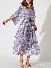 billige Blomstrete kjoler-Dame Midikjole Kjole med A-linje Fritid Bohem utendørs Strand Løstsittende Paisly 3/4 ermer V-hals Lilla Sommer Vår