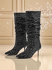 abordables Fête de la Vie Nocturne-Bottes mi-mollet souples à strass bleus pour femmes - Bottes de soirée à bout pointu et talon chaton pour la vie nocturne et les tenues de soirée