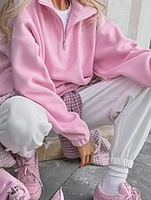 preiswerte Flauschige Sweatshirts-Damen Freizeitjacke Warm Bequem Reißverschluss Lässig Einfach Urlaub Ausgehen Pullover Regulär Umlegekragen Normale Passform Langarm Oberbekleidung Rosa Herbst Winter