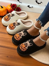 tanie Dla kobiet-damskie kapcie polarowe na Halloween z motywem buldoga francuskiego i dyni - wygodne pluszowe kapcie domowe dla kobiet i nastolatek, idealne na jesień, jako prezent świąteczny i do wygodnego