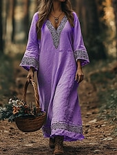 preiswerte Boho Kleider-Damen Maxikleid A Linie Kleid Urlaub Lässig Boho Strand Normale Passform Grafik Geometrisch Langarm V Ausschnitt Rosa Blau Purpur Grün Sommer Frühling Herbst