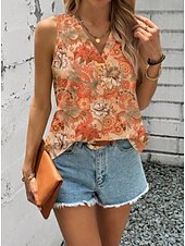 billige Blomstrete tanktop-Dame Camisole Tank Top Blomstret Grafisk Geometrisk Elegant Årgang Tropisk Ermeløs V-hals Vanlige topper Daglig Trykt mønster Svart Oransje Grønn Beige Sommer Vår