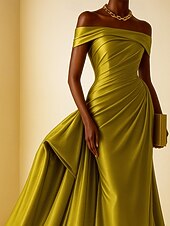 preiswerte Empire-Waist-Abendkleider-Hohe Mode Abendkleid Schwarz-Tie Meerjungfrau  Trompeten Abendkleid Elegantes Kleid Formelle Hochzeit Gericht Zug Ärmellos Off-Shoulder Satin mit Falten Raffung
