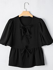 abordables Hauts Unis pour Femmes-Femmes Chemisier Uni Moderne Occasionnel Manche Courte Col ras du cou Hauts Réguliers Quotidien Fête Sortir Œillet Noir Automne