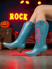 abordables Para mujeres-Botas vaqueras azules occidentales para mujer con bordado de esqueleto rosa: botas de media pantorrilla con tacón grueso para disfraz gótico de Halloween, ideal para cosplay, conciertos y festivales