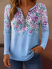 cheap Floral tee-Women&#039;s T shirt Long Sleeve Quarter Zip Long Sleeve Casual Floral Graphic Gradient Elegant Vintage Stylish V Neck Regular Tops Daily Yellow Pink Blue Purple Green Spring Fall Prefall