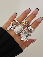 preiswerte Damenringe-6-teiliges Vintage-Goldring-Set für Damen mit Perlen-, Blumen- und Edelsteinakzenten – modische Statement-Legierungsringe für Partys und den Alltag
