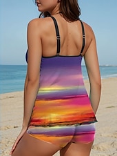 abordables Tankinis-Femmes Maillots de Bain Tankini 2 pièces Taille haute Maillot de bain Dos nu Vacances Tenues de plage A Ombre Graphique Col en U Sans manches Maillots de bain