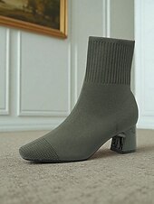 preiswerte Stiefeletten-Marineblaue Strick-Sockenstiefel für Damen – spitze Stretch-Stiefeletten mit Blockabsatz für elegante Alltags- und Herbstoutfits