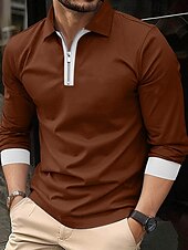 abordables Polo classique pour homme-Homme Polo Business Chemise de golf Rue Occasionnel Revers manche longue Basique Moderne Uni Zip Up Patchwork Printemps Automne Toutes saisons Coupe régulière Noir bleu marine Bleu Marron Polo