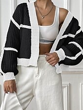 preiswerte Strickjacken und Oberbekleidung-Damen Strickjacke Mode Farbblock Gerippt Kapuze Patchwork Gestrickt Langarm Normale Oberteile Stricken Ferien Ausgehen Wochenende Schwarz Rosa Herbst