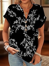 abordables T-shirt floral-Femmes Chemise en coton Fleuri Graphique ancien Tropical Élégant Manche Courte Col en V Hauts Réguliers Quotidien Imprimé Noir Jaune Rouge Bleu Vert Été Printemps
