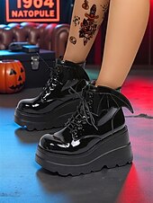 levne Pro ženy-Dámské černé lakované kotníkové boty na platformě - gotické punkové boty s patkami a šněrováním, cosplay boty na robustním podpatku na Halloween, večírky a alternativní módní outfity