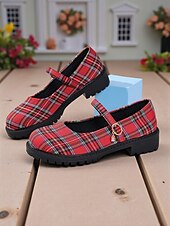 cheap Women&#039;s Flats-Women&#039;s Red Plaid Mary Jane Flats - Chunky Sole Tartan Shoes with Buckle Strap, Casual School Style for Teens and Fall Outfits
