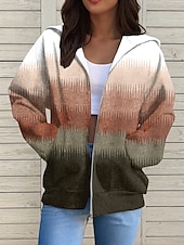 cheap Stripe&amp;Geometric Tops-Women&#039;s Zip Up Hoodies Geometric Active Casual Long Sleeve Hooded Regular Tops Casual Holiday Zip Up Zipper Front Pocket Red Blue Purple Brown Green Spring Fall