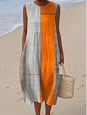 Dames Halflange jurk Zonnejurk Vakantie Casual Boho Feest Strand Ruim Passend Geometrisch Mouwloos Ronde hals Blozend Roze Rood blauw Oranje Zomer Lente voordelige Gestreepte & Geometrische Jurken-Dames Halflange jurk Zonnejurk Vakantie Casual Boho Feest Strand Ruim Passend Geometrisch Mouwloos Ronde hals Blozend Roze Rood blauw Oranje Zomer Lente