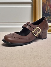 abordables Années 1950-Escarpins Mary Jane en similicuir marron pour femme – Chaussures vintage des années 1950 à talon bas et double bride à boucle, idéales au quotidien ou pour le bureau