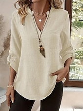 abordables Chemises-Femmes Chemises en coton et lin Couleur Unie Élégant Occasionnel manche longue Col en V Hauts Réguliers Quotidien Boutons Bleu Violet Vert Kaki Beige Été Printemps