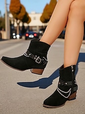 abordables Bottines-Bottines en daim marron pour femmes avec chaîne et ceinture - bottines à talons épais de style western tendance pour les tenues décontractées et les sorties d&#039;automne