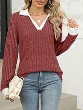 voordelige Dames eenvoudige tops-Dames Overhemd Effen Kleur Stijlvol Casual Lange mouw V-hals Normale tops Dagelijks Lapwerk Zwart Rood blauw Fuchsia Lente Herfst