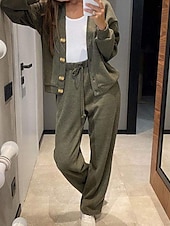 voordelige Blousepakken voor dames-Dames Actief Streetwear Blouse Broeken Sets Lange mouw V-hals Effen Kleur Vakantie Alledaagse kleding Zwart Leger Groen Stoffig blauw Herfst Normale pasvorm