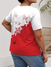 cheap Plus Size T Shirts-Women's Plus Size Tops T Shirt Graphic Butterfly Print Short Sleeve Crew Neck Casual Daily Knit Summer Spring Black Red