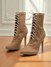 abordables Bottines de danse-Bottines de danse à lacets extensibles marron pour femmes - bottines courtes à talons hauts pour la danse de salon latine, le jazz et les performances sur scène