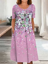 preiswerte Blumenkleid-Damen Midikleid T-Shirt-Kleid A Linie Kleid Sommerkleid Urlaub Lässig Täglich Normale Passform Blumen Grafik Kurzarm Rundhalsausschnitt Rosa Blau Grün Sommer Frühling