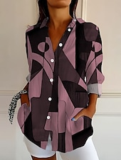 preiswerte Damen Streifen- und geometrische Oberteile-Damen Hemd Knopfverschluss Tunika Hemd Kragen Langarm Grafik Geometrisch Abstrakt Vintage Alltag Stilvoll Regular Tops Arbeit Alltag Feiertag s Print Schwarz und Weiß Pink Blau Lila Grün Frühling