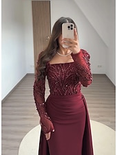 preiswerte Abendkleider-Abendkleid mit schwarzer Krawatte, Perlenbesatz, Spitze, abnehmbarer Überrock, elegantes Kleid, formelle Hochzeit, Schleppe, lange Ärmel, quadratischer Ausschnitt, mit Pailletten und gerüschten Perlen