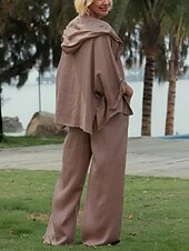 abordables Ensembles-Femmes Mode Streetwear Chemisier Ensembles de Pantalons Haut boléro manche longue À capuche Couleur Unie Vacances Décontracté Quotidien Blanche Rose Claire Marron Printemps Coupe régulière