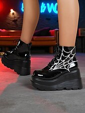 cheap Platform Boots-Women&#039;s Black Platform Boots with Spider Web Design - Chunky Lace-Up Ankle Boots for Halloween,  Cosplay, and Masquerade Balls, Punk and Gothic Style, Comfortable for All-Day Wear