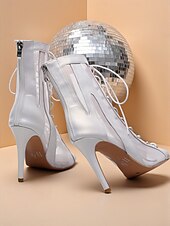 baratos Sapatos de Dança Latina-Botas de dança de salto alto com cadarço branco e prata para mulheres - sapatos profissionais de dança de jazz latino com biqueira aberta para palco e festa