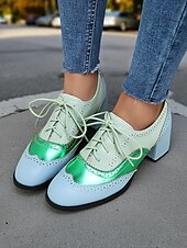 preiswerte 1950er Jahre-Zweifarbige Oxford-Schuhe mit Blockabsatz für Damen – Retro-Schnürschuhe in Mintgrün und Metallic für den Streetstyle im 50er-Jahre-Stil, Alltagsoutfits und legere Anlässe