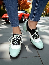 preiswerte 1950er Jahre-Zweifarbige Oxford-Schuhe mit Blockabsatz für Damen – Retro-Schnürschuhe in Mintgrün und Metallic für den Streetstyle im 50er-Jahre-Stil, Alltagsoutfits und legere Anlässe