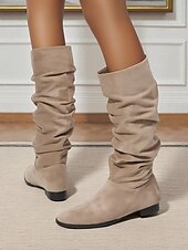 olcso Slouch Boots-női bő, térdig érő, lapos csizma - bézs művelúr retró stílusú, őszi divatos csizma hétköznapi viseletre és kosztümökbe