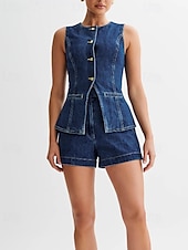 cheap Women&#039;s Blouse Suits-Women&#039;s Active Fashion Blouse Shorts Sets Sleeveless Crew Neck Solid Color Split Thigh Vacation Casual Daily Blue Summer Regular Fit
