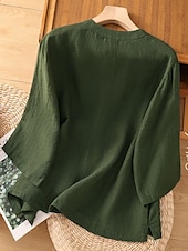 お買い得  シャツ-女性用 コットンリネンシャツ 純色 ベーシック カジュアル 七分袖 クルーネック レギュラートップス 日常 ポケット ボタン ホワイト ワイン グリーン カーキ色 夏 春 秋
