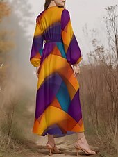 cheap Art&amp;Design Dress-Women&#039;s Midi Dress Casual Dress Chiffon Swing Dress Modern Vacation Daily Weekend Regular Fit Geometric Long Sleeve V Neck Yellow Purple Green Summer Spring Fall Autumn
