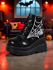 cheap Platform Boots-Women&#039;s Black Platform Boots with Spider Web Design - Chunky Lace-Up Ankle Boots for Halloween,  Cosplay, and Masquerade Balls, Punk and Gothic Style, Comfortable for All-Day Wear
