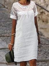 abordables Robes-Femmes Mini Robe Robe en coton et lin Mode Moderne Extérieur Vacances Fête Coupe régulière Uni Manche Courte Col ras du cou Noir Blanche Rose Claire Kaki Été