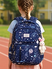 abordables Kids &amp; Teen Backpacks-Kids Galaxy Print Backpack with Bunny Charm, Waterproof Large Capacity School Bag for Elementary Students and Daily Use