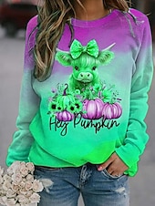 abordables Hauts d&amp;#39;Halloween-Sweat-shirts d&#039;Halloween pour femmes, motif animal, décontracté, manches longues, col ras du cou, hauts classiques, décontracté, jaune, bleu, orange, vert, automne